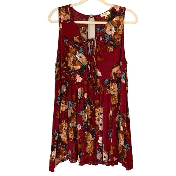 UMGEE maroon burgundy red multi‎ floral mini sundress ties in front. Size S - Picture 1 of 8